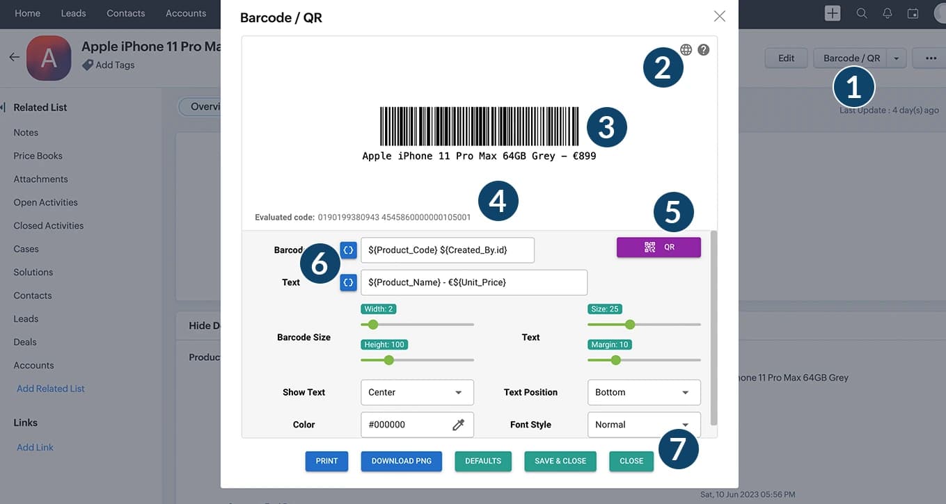 Barcode & QR Generator for Zoho CRM user interface
